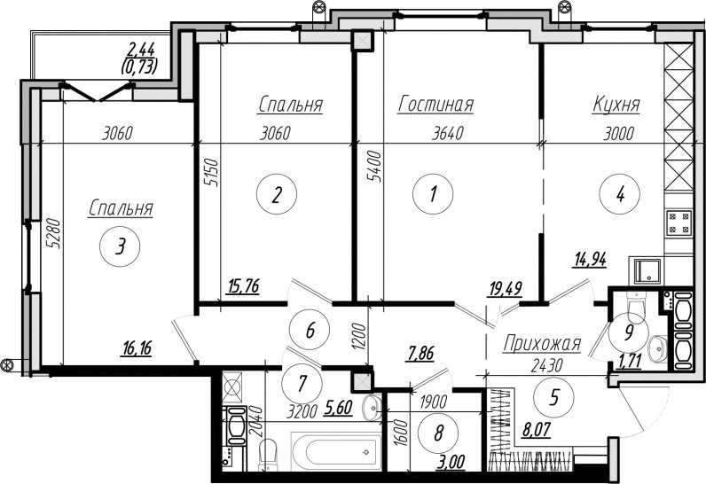 Трёхкомнатная квартира 93.6 м²