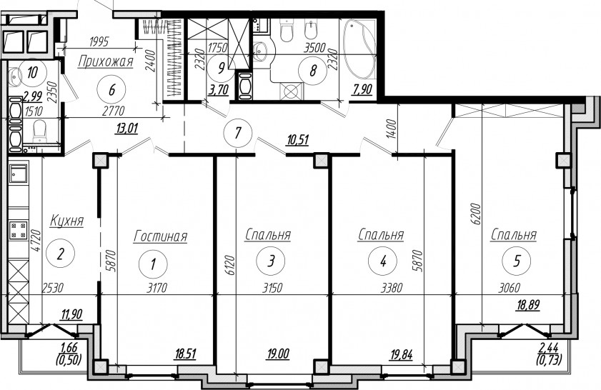 Четырёхкомнатная квартира 127.9 м²