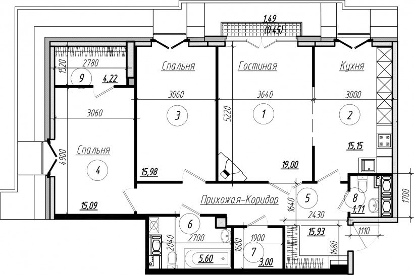 Трёхкомнатная квартира 97.9 м²