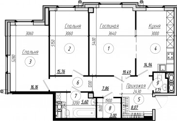 Трёхкомнатная квартира 92.9 м²